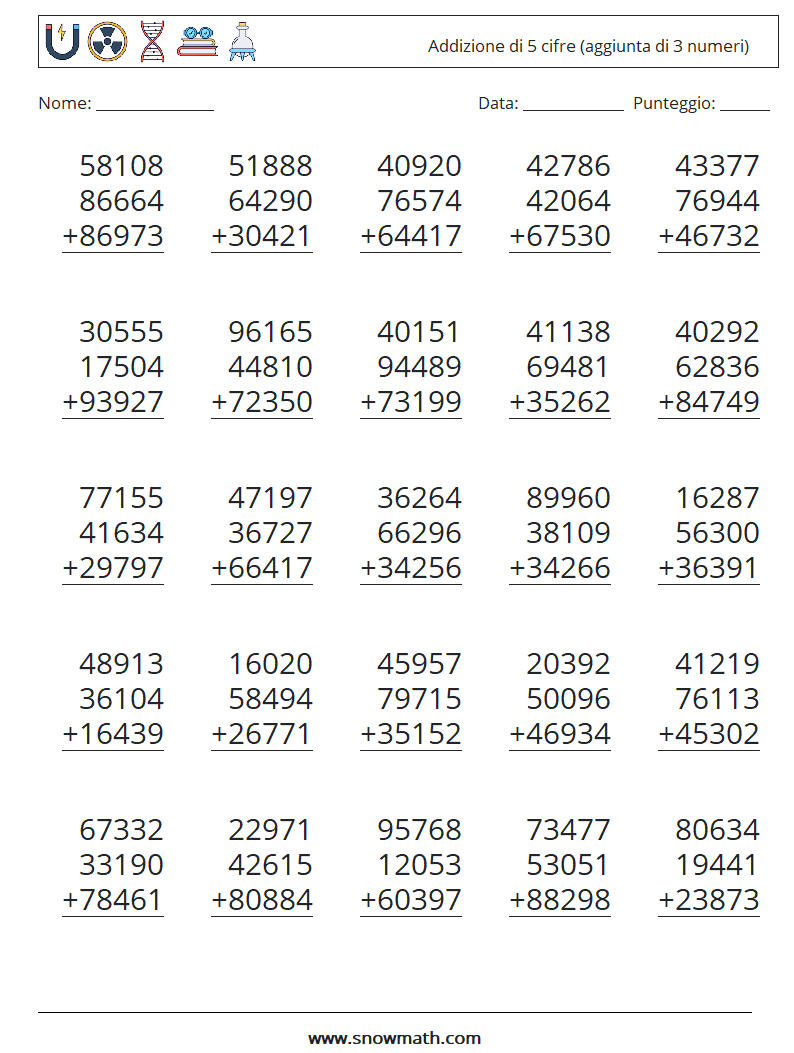 (25) Addizione di 5 cifre (aggiunta di 3 numeri) Fogli di lavoro di matematica 6