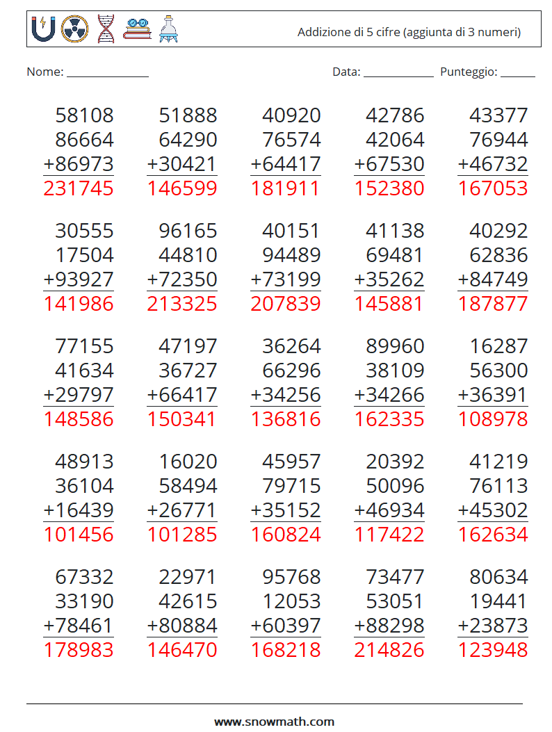 (25) Addizione di 5 cifre (aggiunta di 3 numeri) Fogli di lavoro di matematica 6 Domanda, Risposta