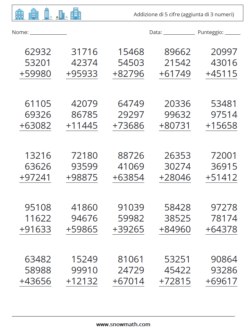 (25) Addizione di 5 cifre (aggiunta di 3 numeri) Fogli di lavoro di matematica 7