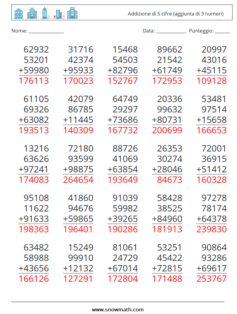 (25) Addizione di 5 cifre (aggiunta di 3 numeri) Fogli di lavoro di matematica 7 Domanda, Risposta