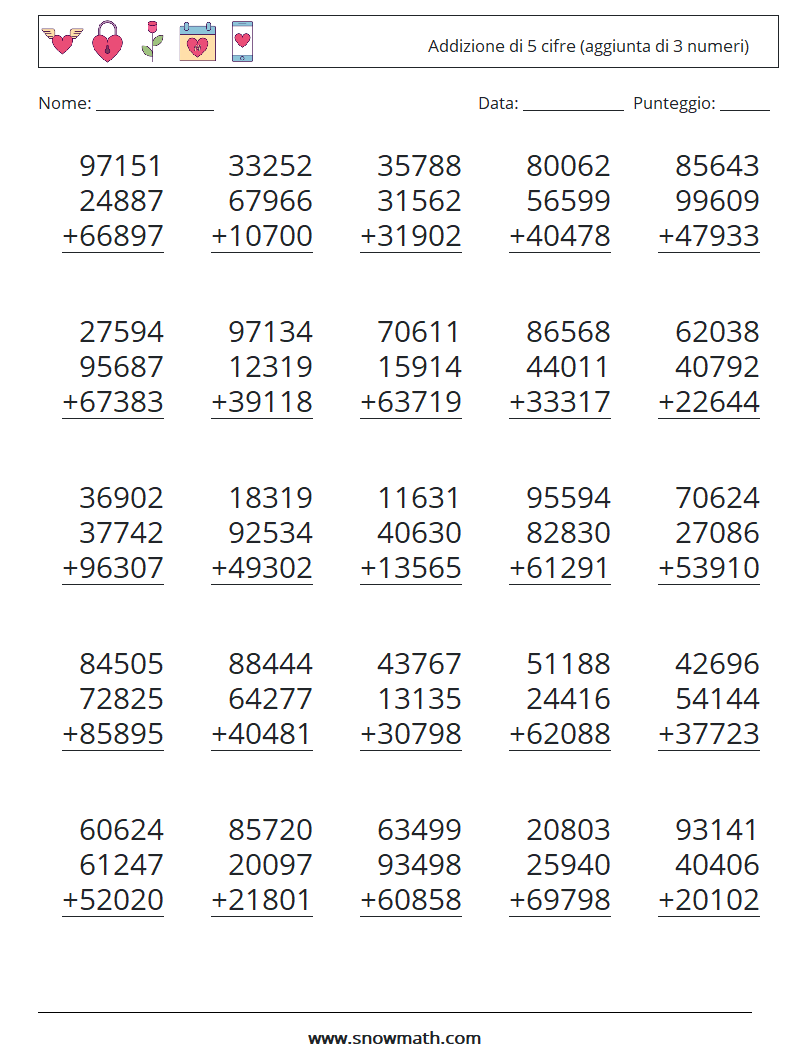 (25) Addizione di 5 cifre (aggiunta di 3 numeri) Fogli di lavoro di matematica 8