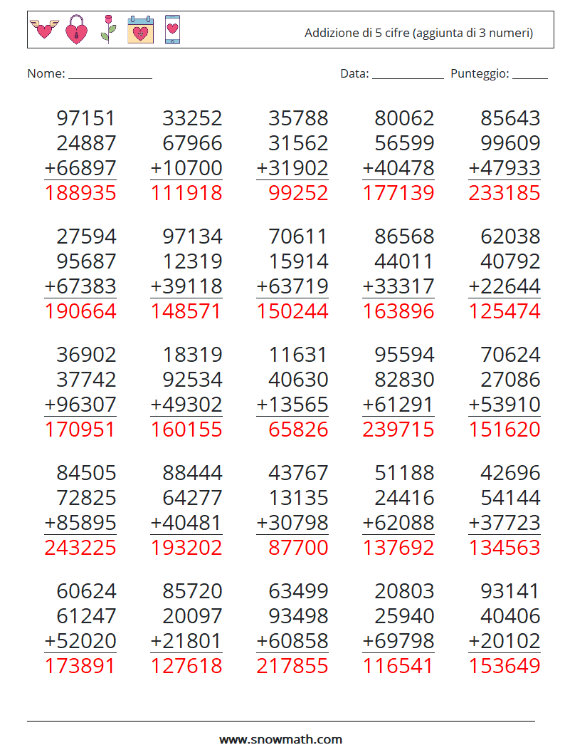 (25) Addizione di 5 cifre (aggiunta di 3 numeri) Fogli di lavoro di matematica 8 Domanda, Risposta