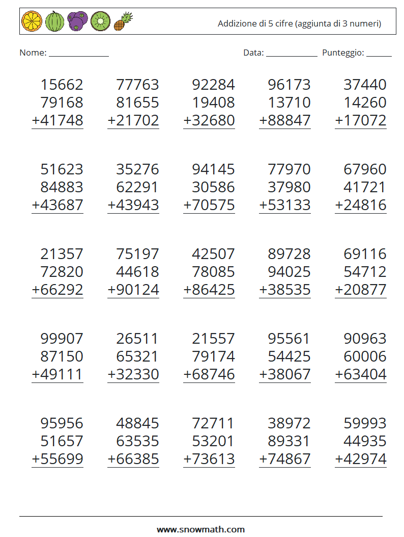 (25) Addizione di 5 cifre (aggiunta di 3 numeri) Fogli di lavoro di matematica 9