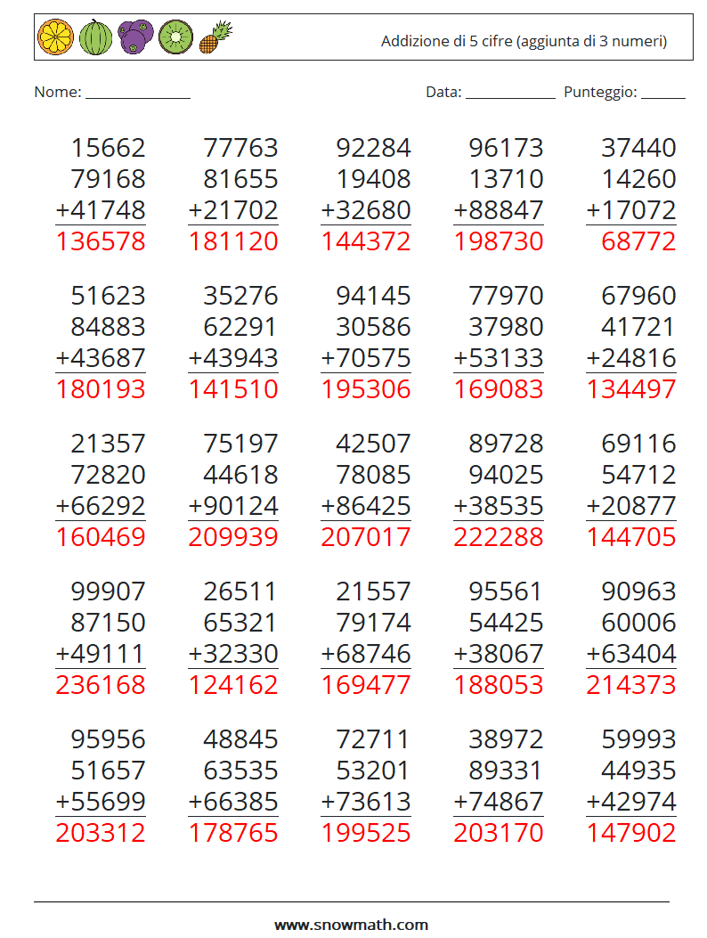 (25) Addizione di 5 cifre (aggiunta di 3 numeri) Fogli di lavoro di matematica 9 Domanda, Risposta