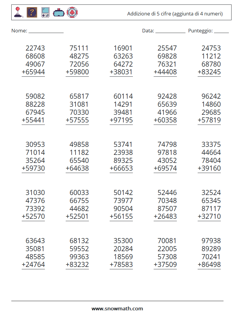 (25) Addizione di 5 cifre (aggiunta di 4 numeri) Fogli di lavoro di matematica 1