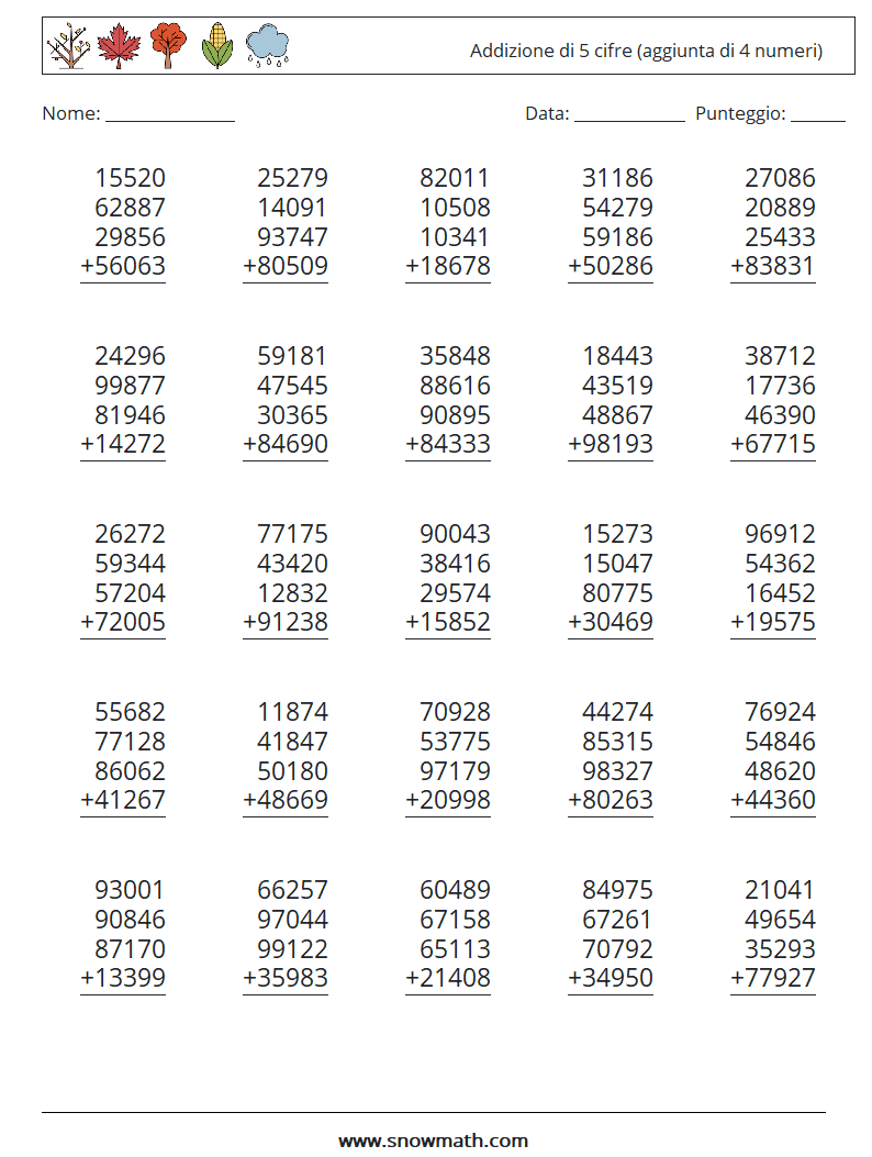 (25) Addizione di 5 cifre (aggiunta di 4 numeri) Fogli di lavoro di matematica 10