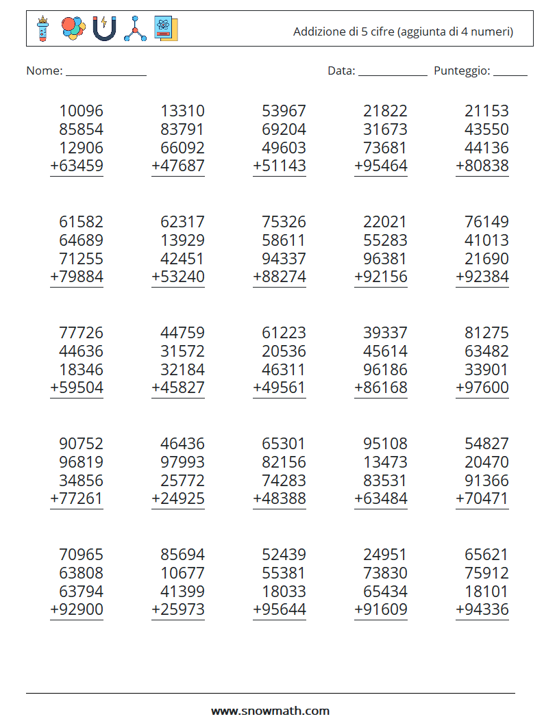 (25) Addizione di 5 cifre (aggiunta di 4 numeri) Fogli di lavoro di matematica 11