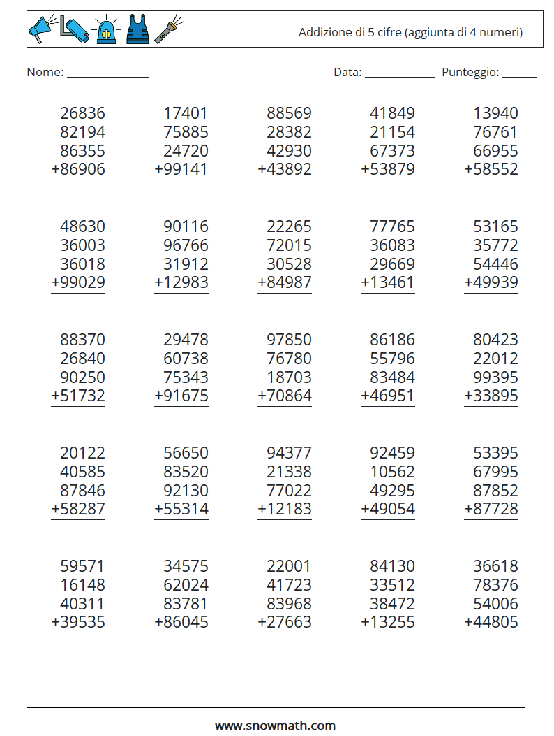 (25) Addizione di 5 cifre (aggiunta di 4 numeri) Fogli di lavoro di matematica 12