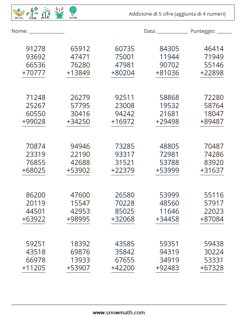 (25) Addizione di 5 cifre (aggiunta di 4 numeri) Fogli di lavoro di matematica 13