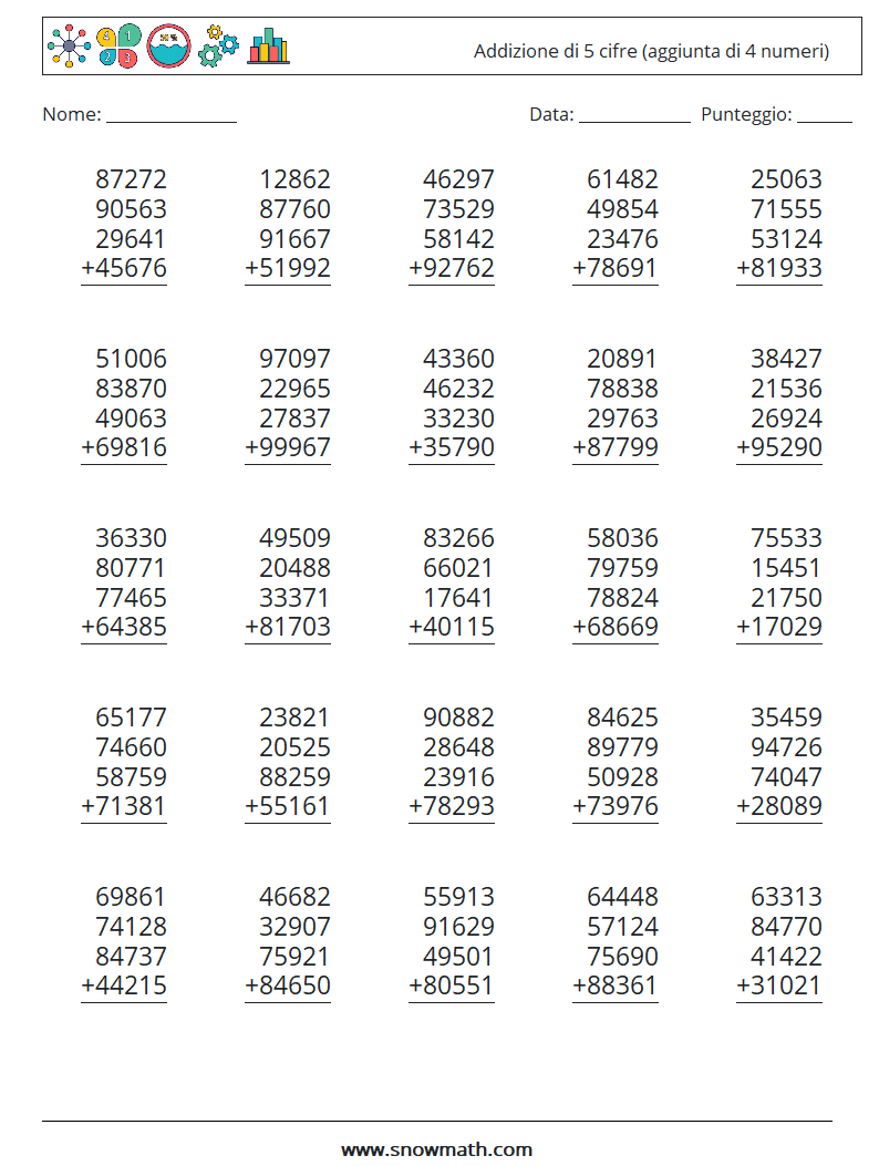 (25) Addizione di 5 cifre (aggiunta di 4 numeri) Fogli di lavoro di matematica 14