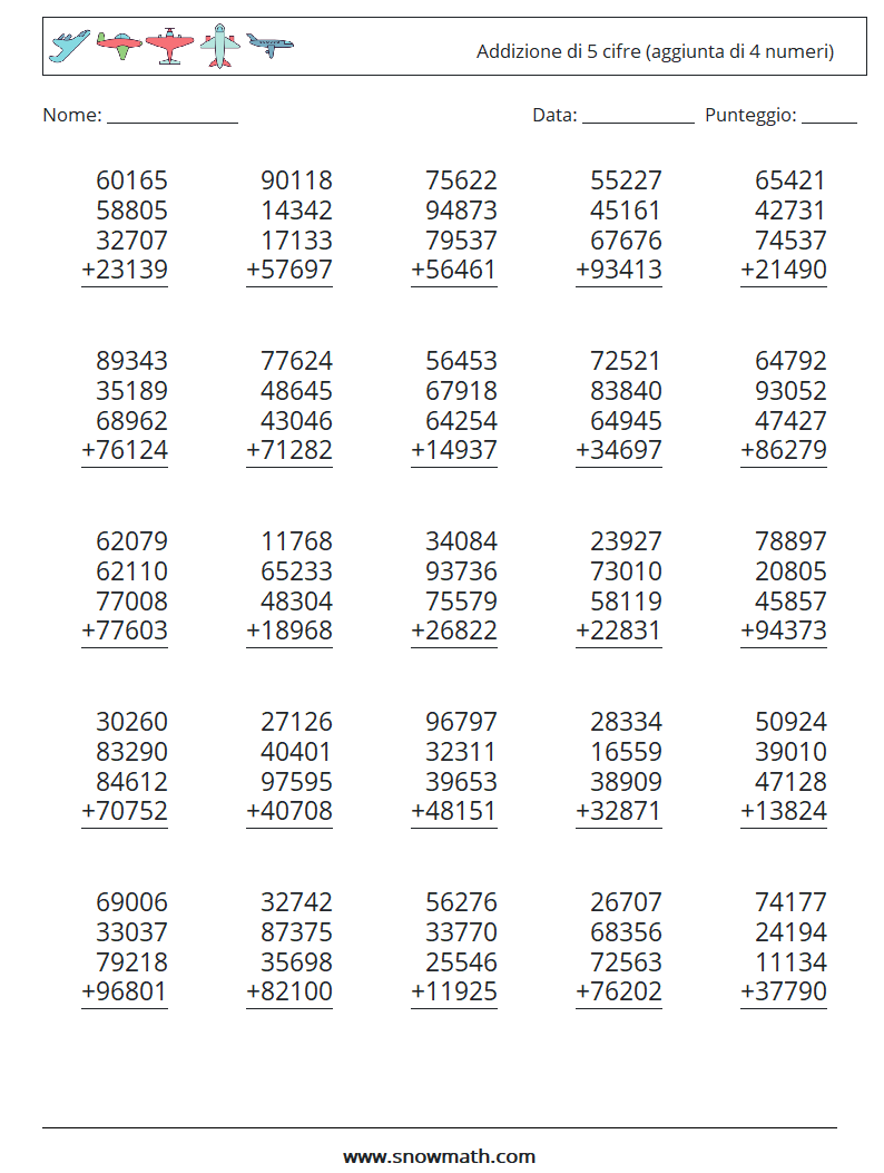 (25) Addizione di 5 cifre (aggiunta di 4 numeri) Fogli di lavoro di matematica 15