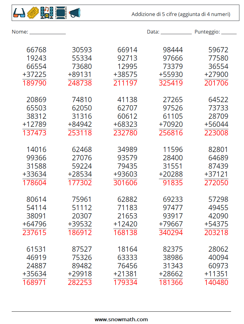 (25) Addizione di 5 cifre (aggiunta di 4 numeri) Fogli di lavoro di matematica 16 Domanda, Risposta