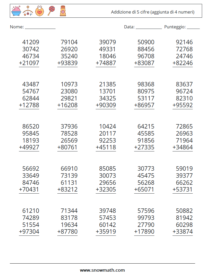 (25) Addizione di 5 cifre (aggiunta di 4 numeri) Fogli di lavoro di matematica 17