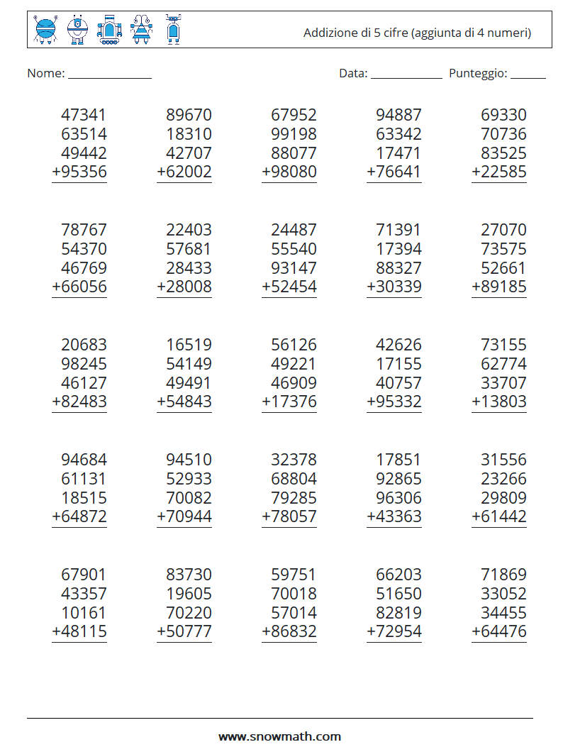 (25) Addizione di 5 cifre (aggiunta di 4 numeri) Fogli di lavoro di matematica 18