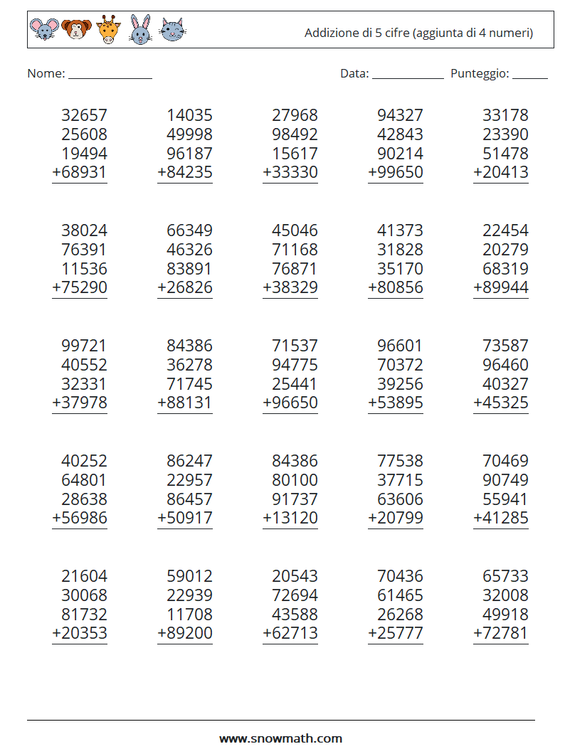 (25) Addizione di 5 cifre (aggiunta di 4 numeri) Fogli di lavoro di matematica 2