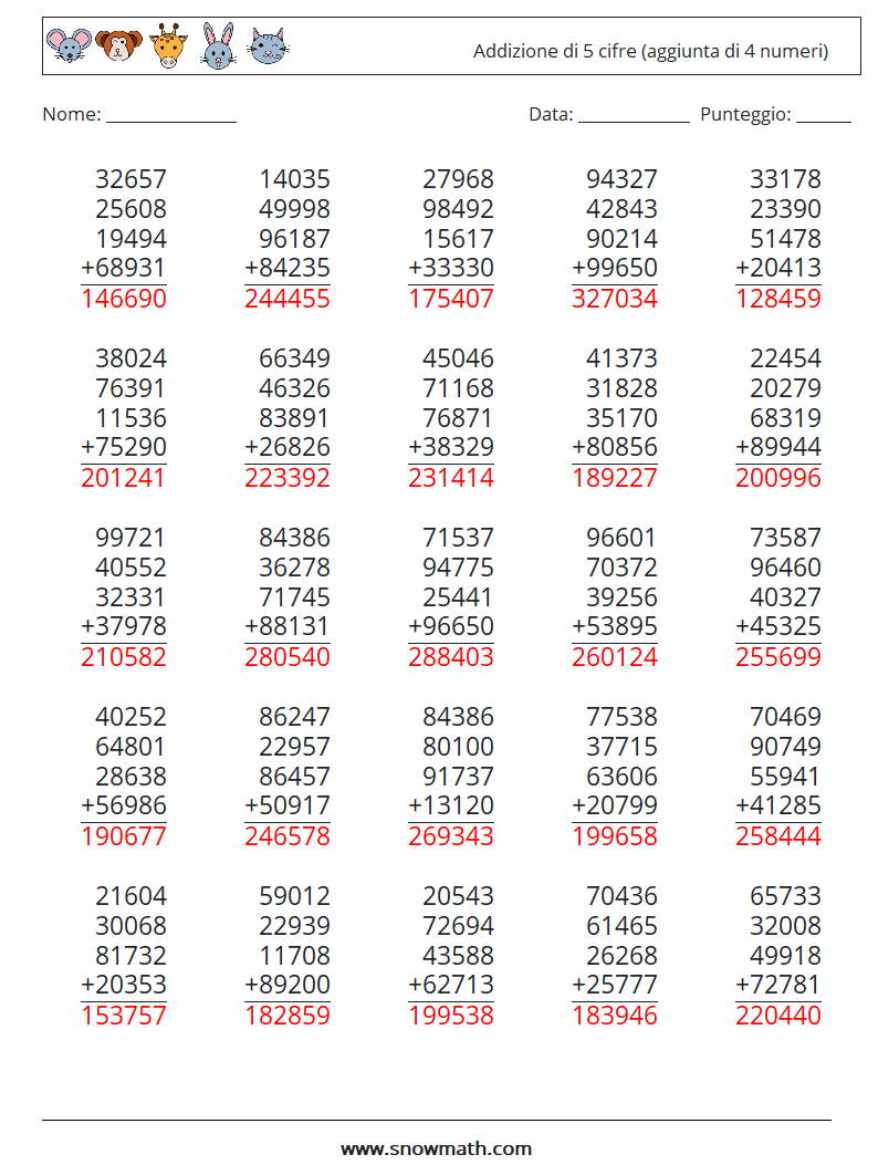 (25) Addizione di 5 cifre (aggiunta di 4 numeri) Fogli di lavoro di matematica 2 Domanda, Risposta