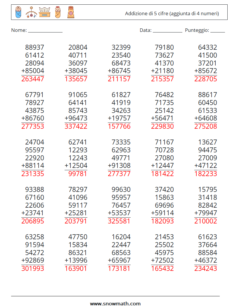 (25) Addizione di 5 cifre (aggiunta di 4 numeri) Fogli di lavoro di matematica 3 Domanda, Risposta