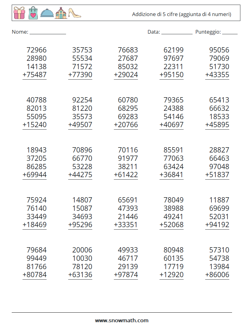 (25) Addizione di 5 cifre (aggiunta di 4 numeri) Fogli di lavoro di matematica 5