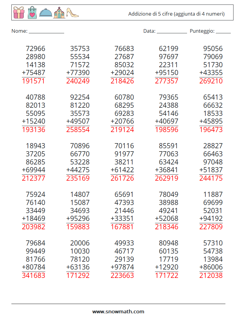 (25) Addizione di 5 cifre (aggiunta di 4 numeri) Fogli di lavoro di matematica 5 Domanda, Risposta