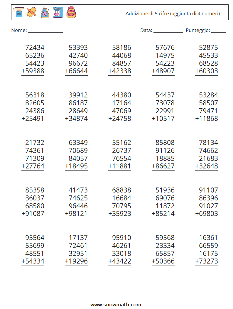 (25) Addizione di 5 cifre (aggiunta di 4 numeri) Fogli di lavoro di matematica 6