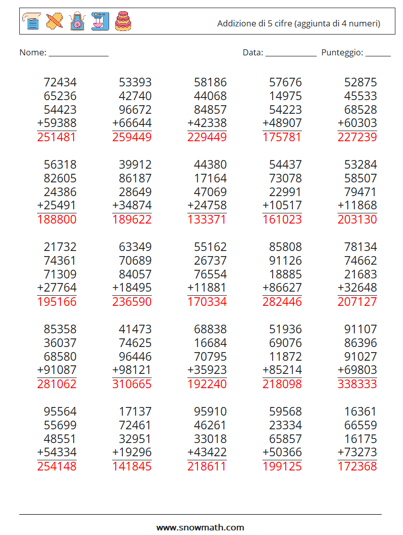 (25) Addizione di 5 cifre (aggiunta di 4 numeri) Fogli di lavoro di matematica 6 Domanda, Risposta