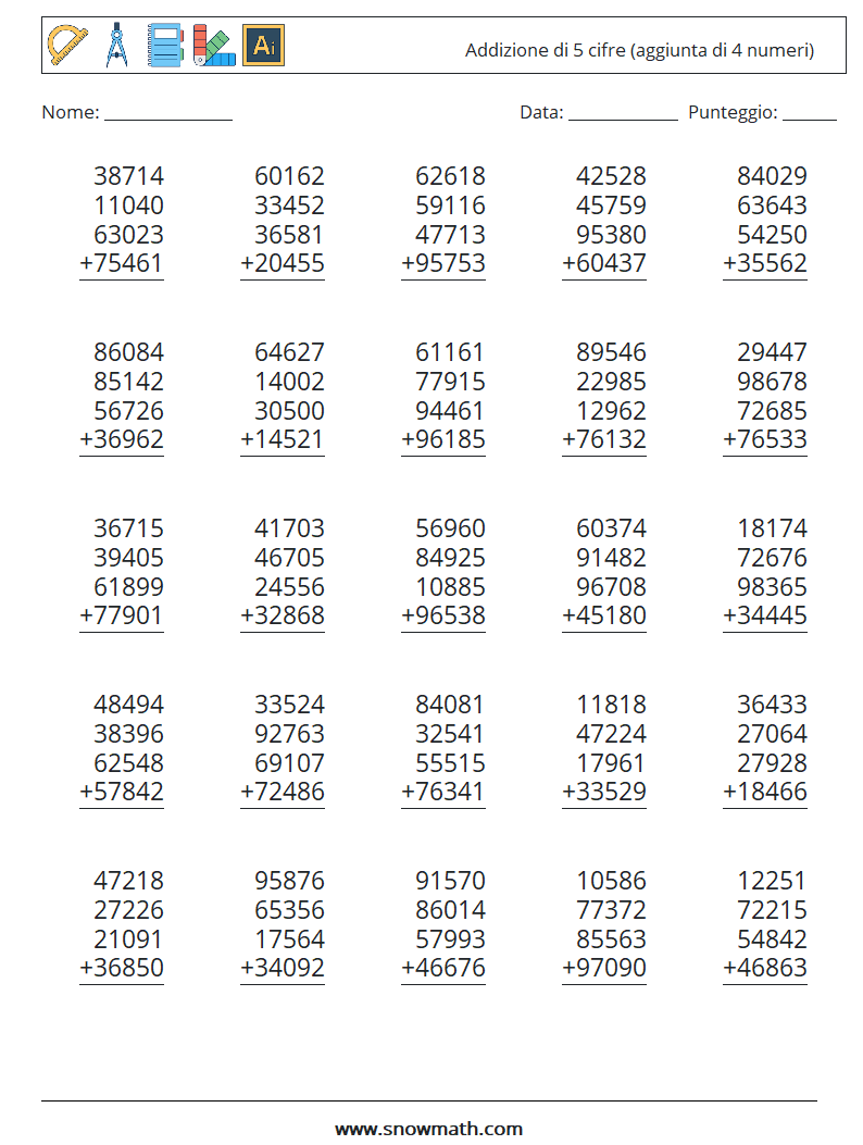 (25) Addizione di 5 cifre (aggiunta di 4 numeri) Fogli di lavoro di matematica 7