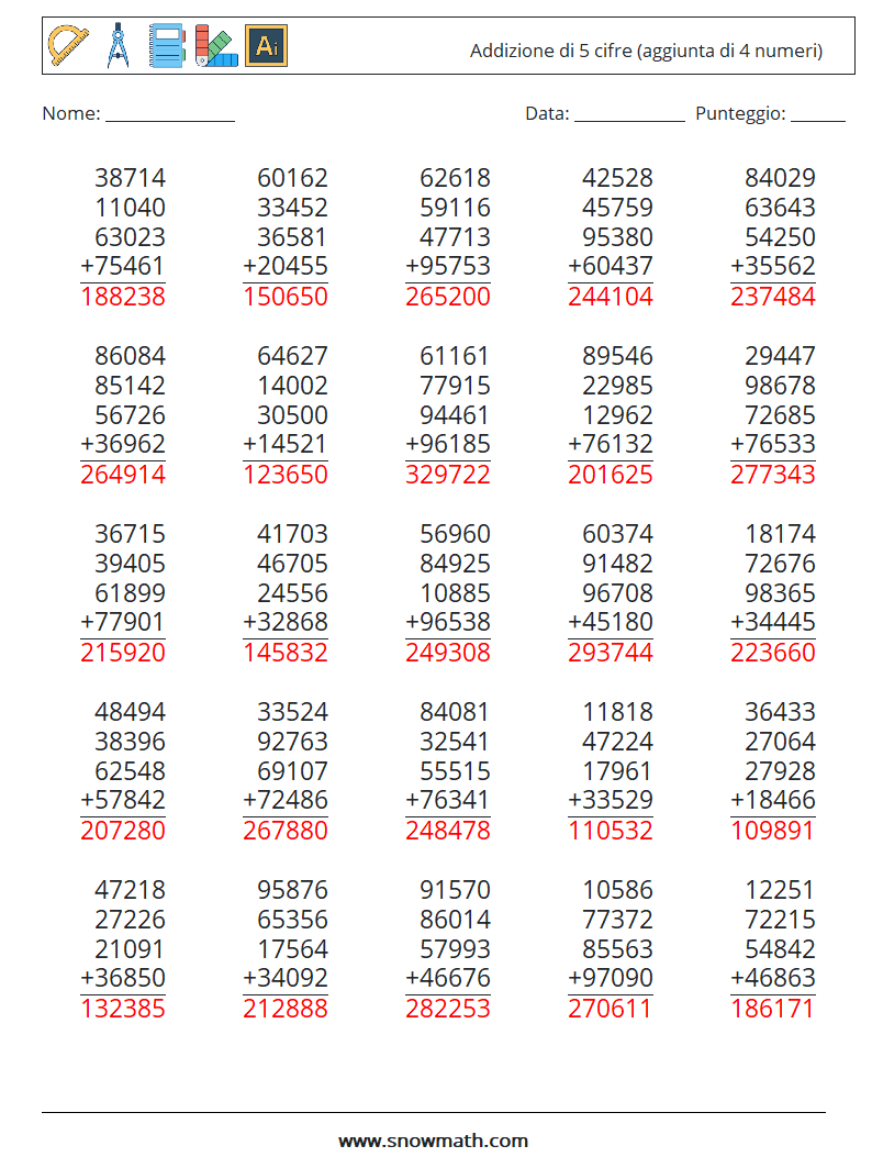 (25) Addizione di 5 cifre (aggiunta di 4 numeri) Fogli di lavoro di matematica 7 Domanda, Risposta