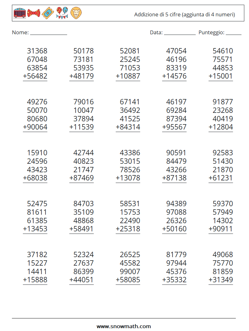 (25) Addizione di 5 cifre (aggiunta di 4 numeri) Fogli di lavoro di matematica 8