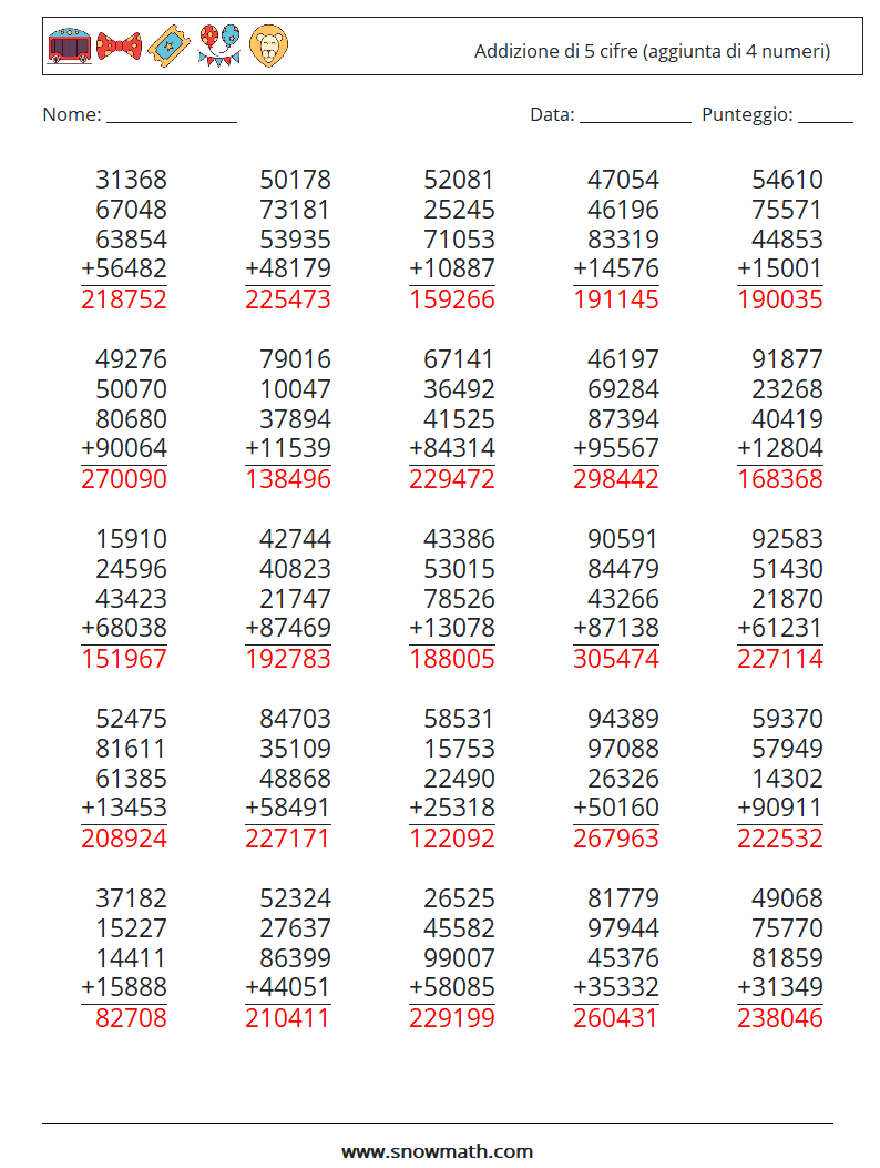 (25) Addizione di 5 cifre (aggiunta di 4 numeri) Fogli di lavoro di matematica 8 Domanda, Risposta