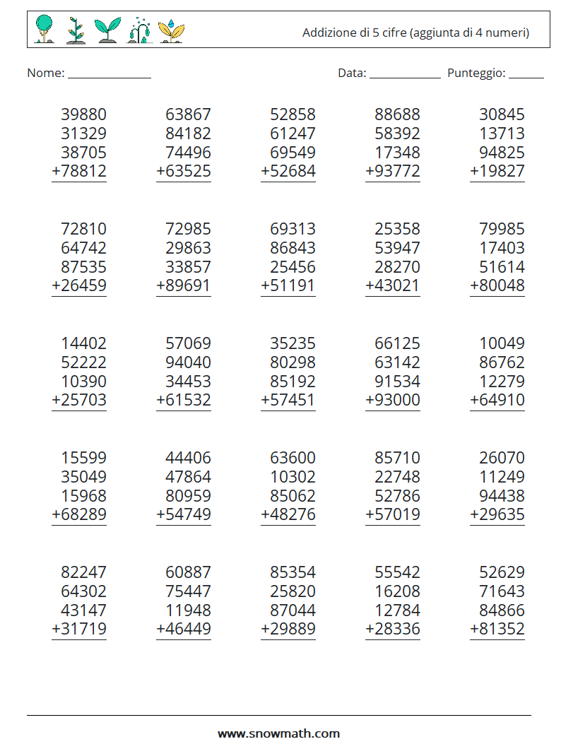 (25) Addizione di 5 cifre (aggiunta di 4 numeri) Fogli di lavoro di matematica 9