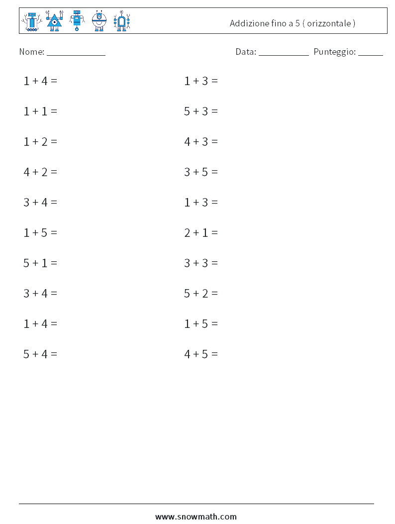 (20) Addizione fino a 5 ( orizzontale ) Fogli di lavoro di matematica 2