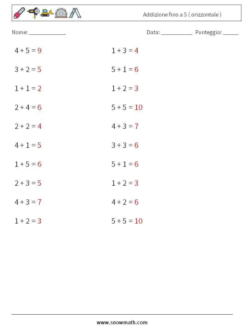 (20) Addizione fino a 5 ( orizzontale ) Fogli di lavoro di matematica 5 Domanda, Risposta