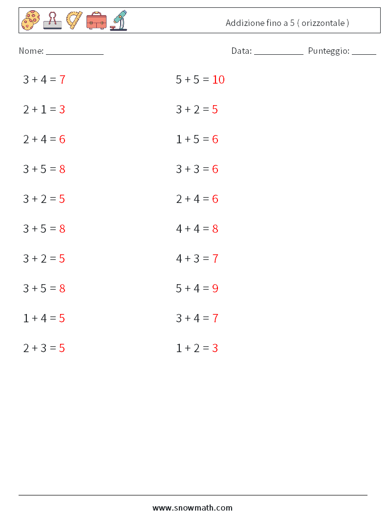 (20) Addizione fino a 5 ( orizzontale ) Fogli di lavoro di matematica 9 Domanda, Risposta