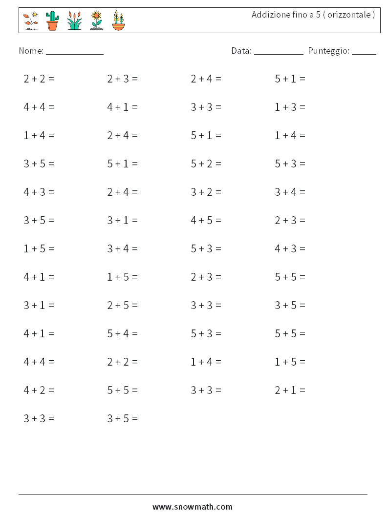 (50) Addizione fino a 5 ( orizzontale ) Fogli di lavoro di matematica 1