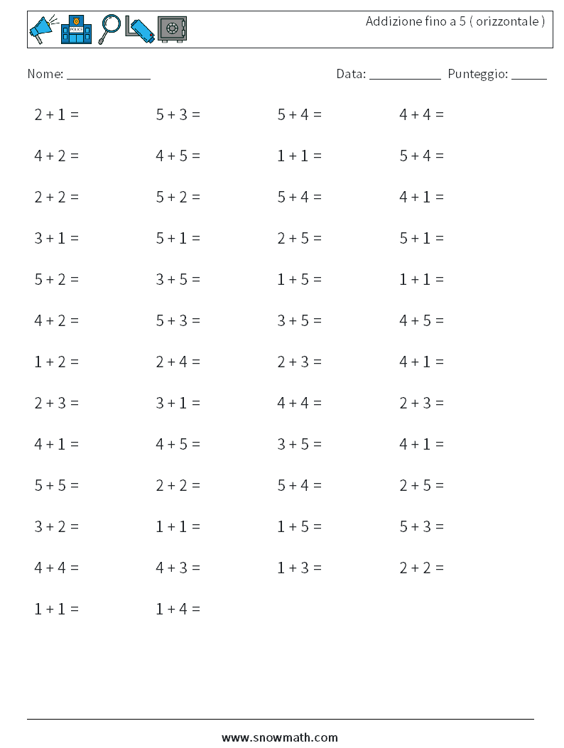 (50) Addizione fino a 5 ( orizzontale ) Fogli di lavoro di matematica 7