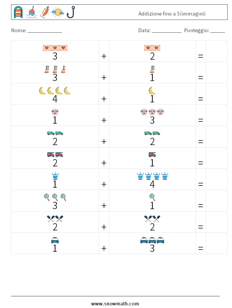 Addizione fino a 5(immagini) Fogli di lavoro di matematica 1