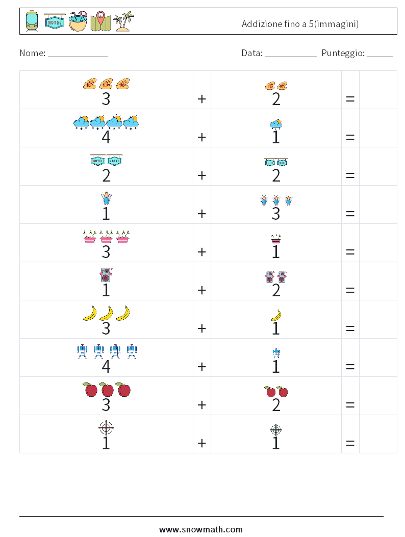Addizione fino a 5(immagini) Fogli di lavoro di matematica 10