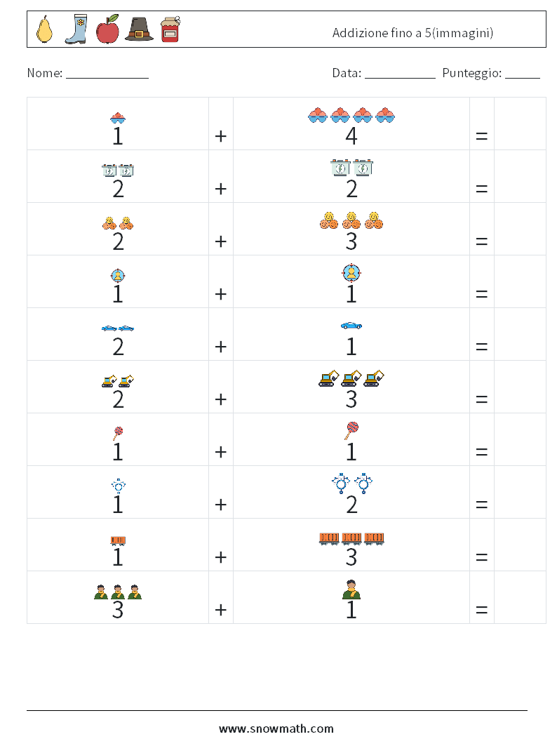 Addizione fino a 5(immagini) Fogli di lavoro di matematica 11