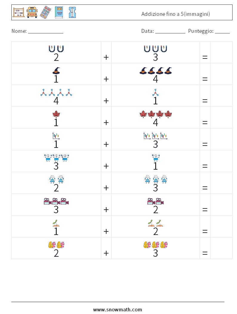 Addizione fino a 5(immagini) Fogli di lavoro di matematica 12
