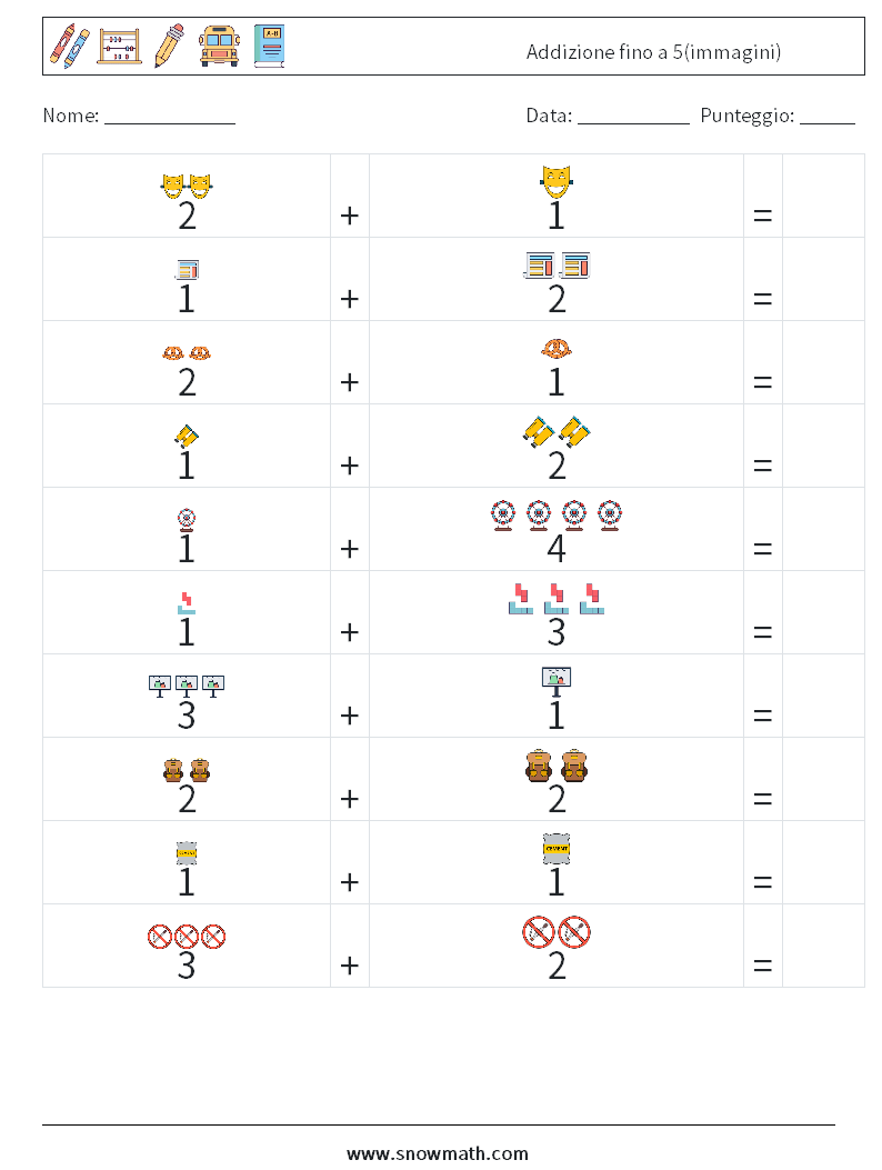 Addizione fino a 5(immagini) Fogli di lavoro di matematica 13