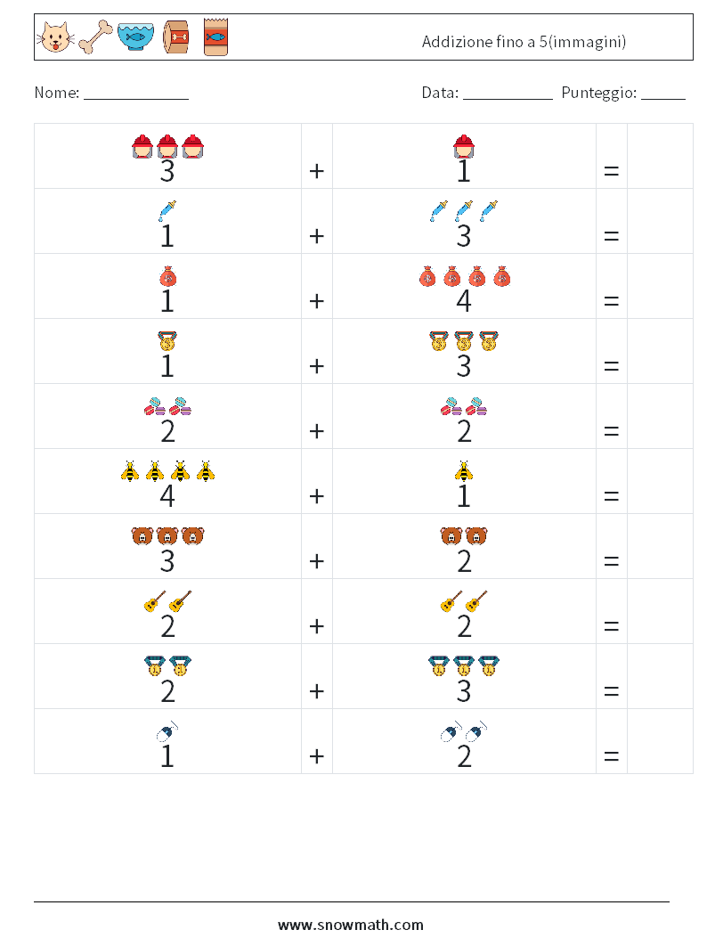 Addizione fino a 5(immagini) Fogli di lavoro di matematica 14