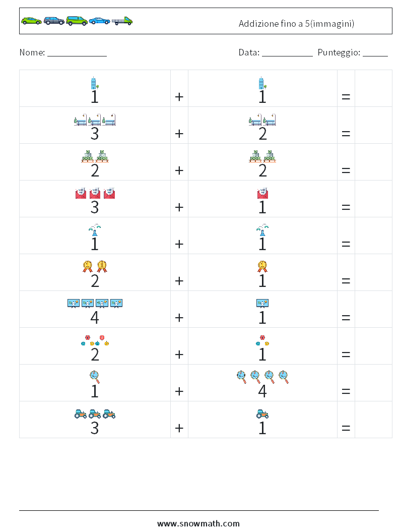 Addizione fino a 5(immagini) Fogli di lavoro di matematica 15