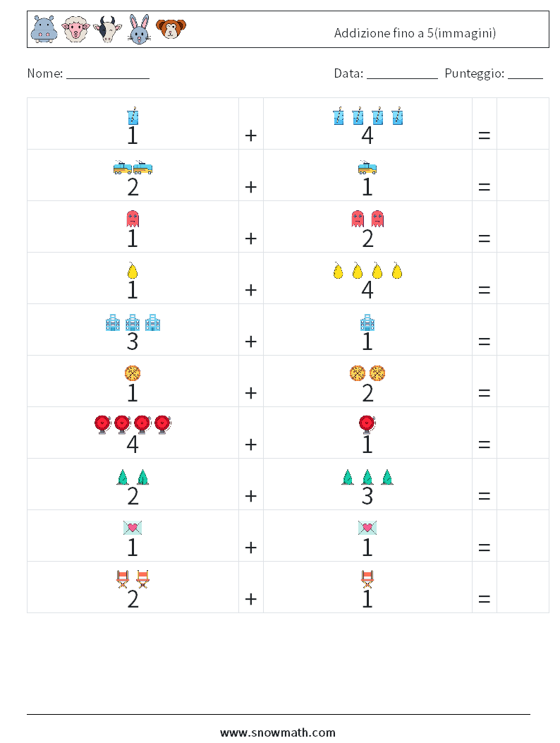 Addizione fino a 5(immagini) Fogli di lavoro di matematica 16