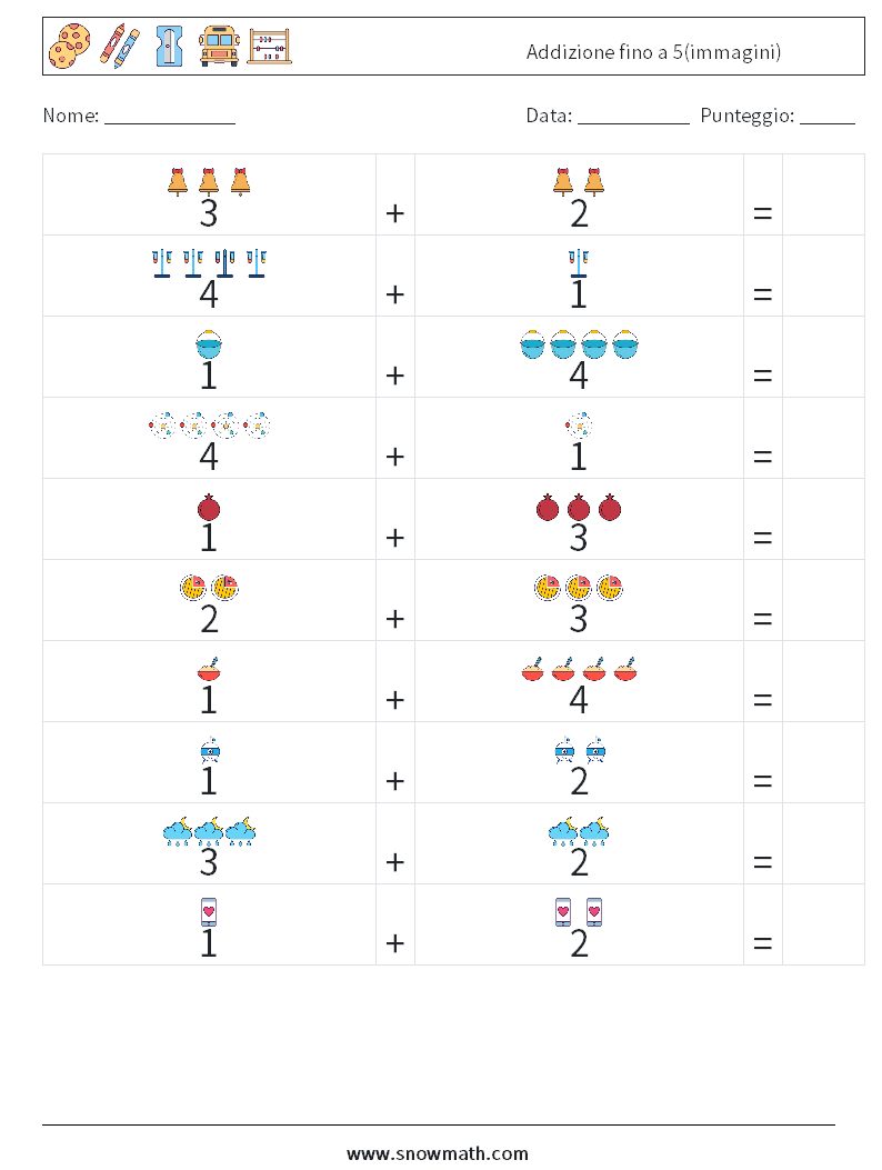Addizione fino a 5(immagini) Fogli di lavoro di matematica 17