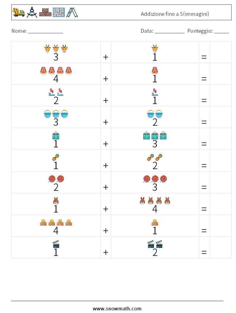 Addizione fino a 5(immagini) Fogli di lavoro di matematica 18