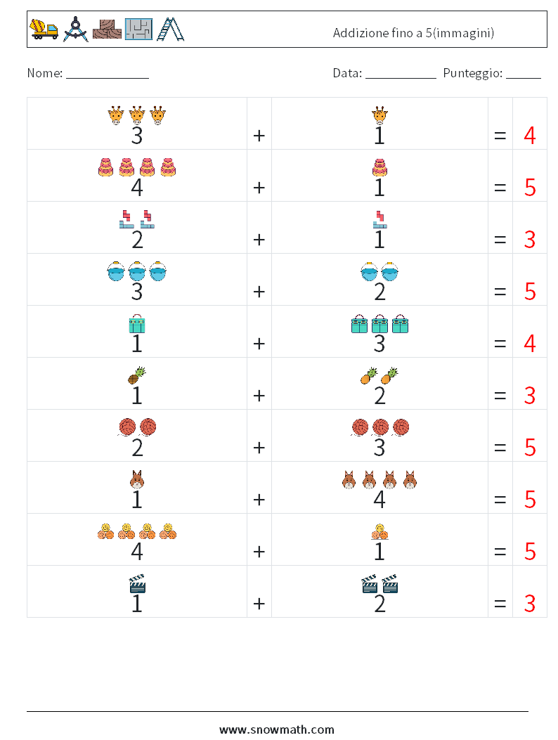 Addizione fino a 5(immagini) Fogli di lavoro di matematica 18 Domanda, Risposta
