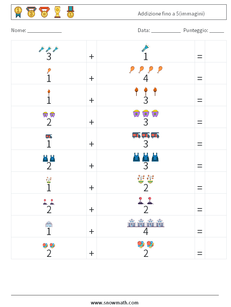 Addizione fino a 5(immagini) Fogli di lavoro di matematica 2