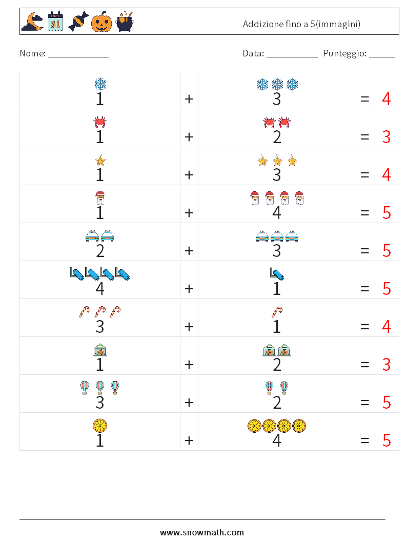 Addizione fino a 5(immagini) Fogli di lavoro di matematica 3 Domanda, Risposta