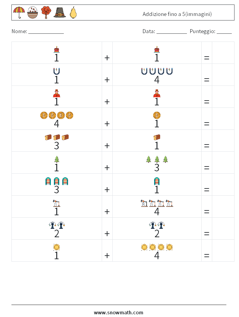 Addizione fino a 5(immagini) Fogli di lavoro di matematica 4