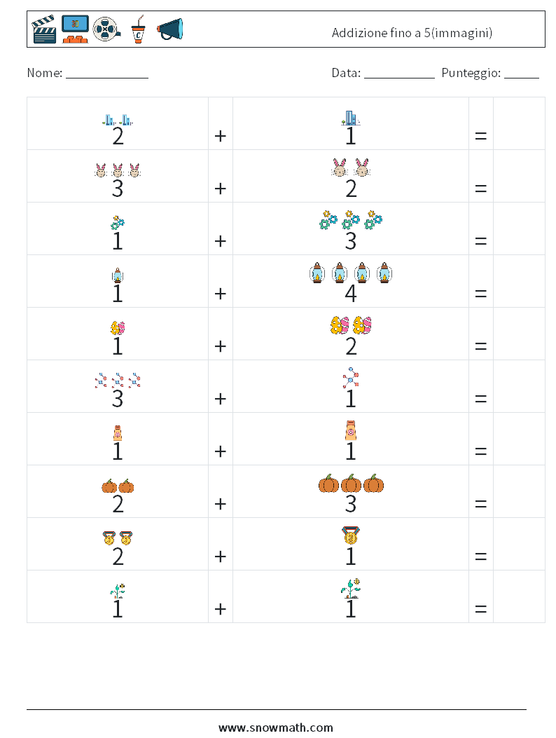 Addizione fino a 5(immagini) Fogli di lavoro di matematica 5